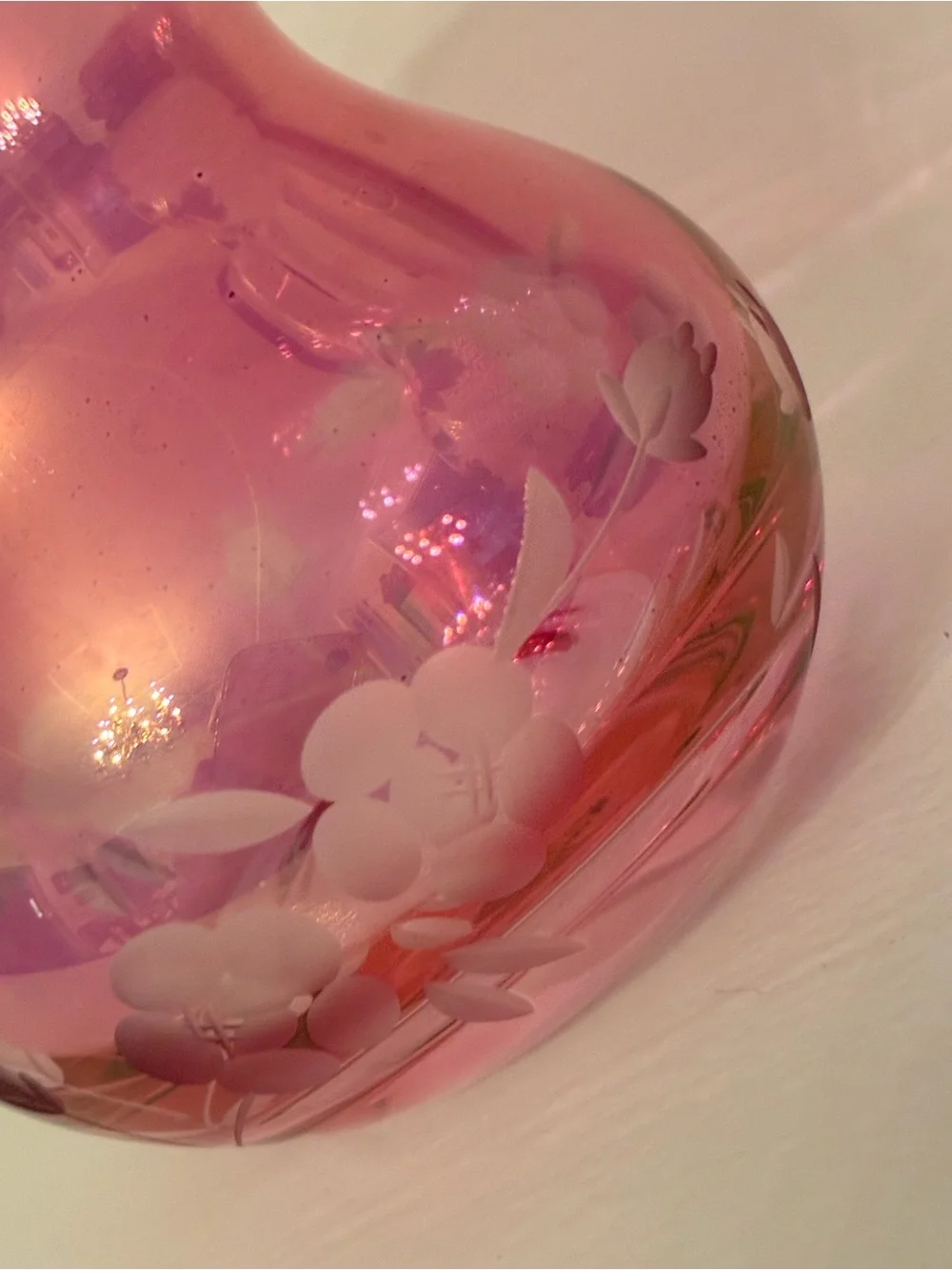 Vintage Iridescent, Cranberry Glass Vase with Hand, Etched Floral Design.